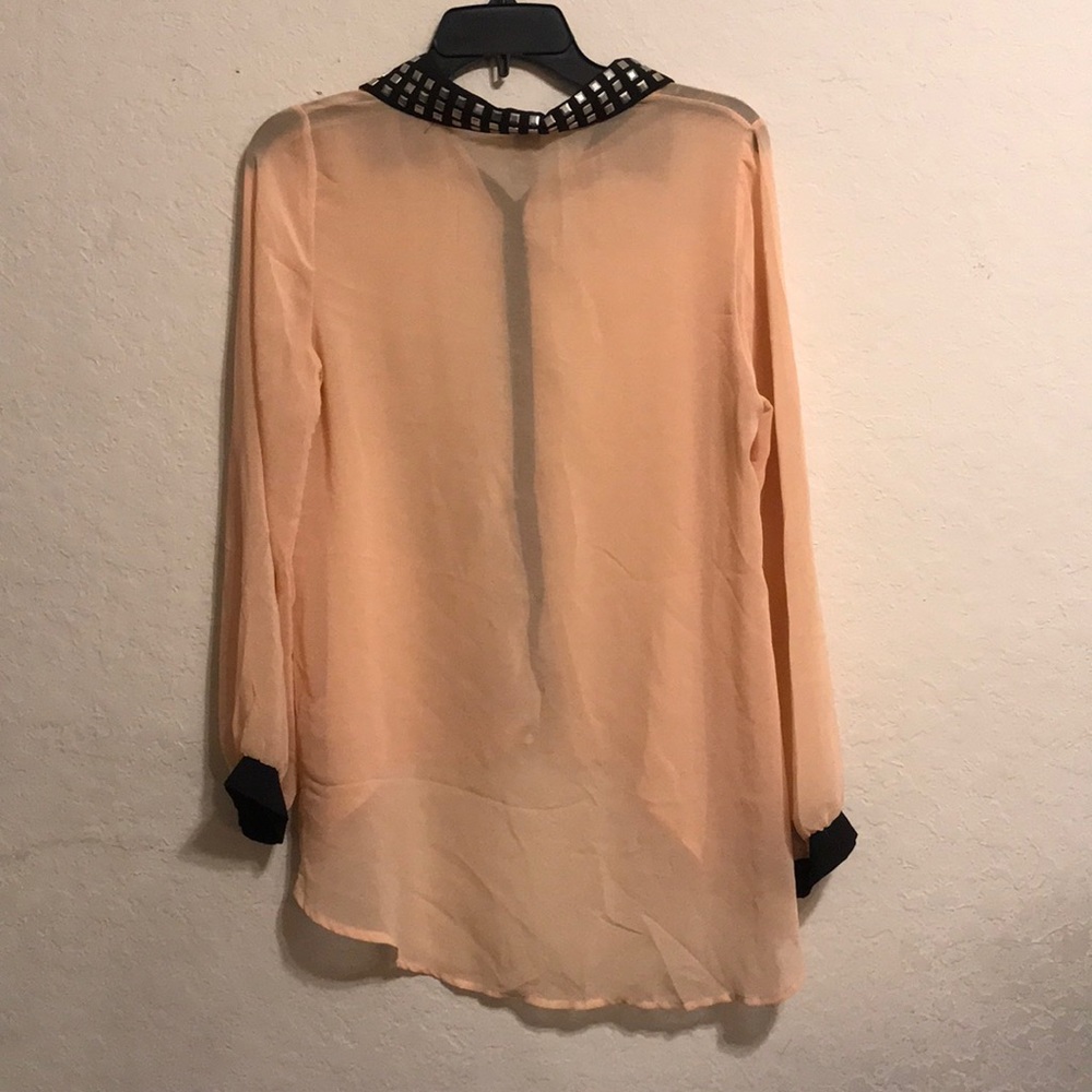 Peach Button Down Sheer Collared Blouse Top - Picture 2 of 2